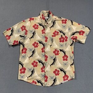 Crossings Button Down Shirt Mens Small Tan Marlin Hibiscus Nautical Fishing S